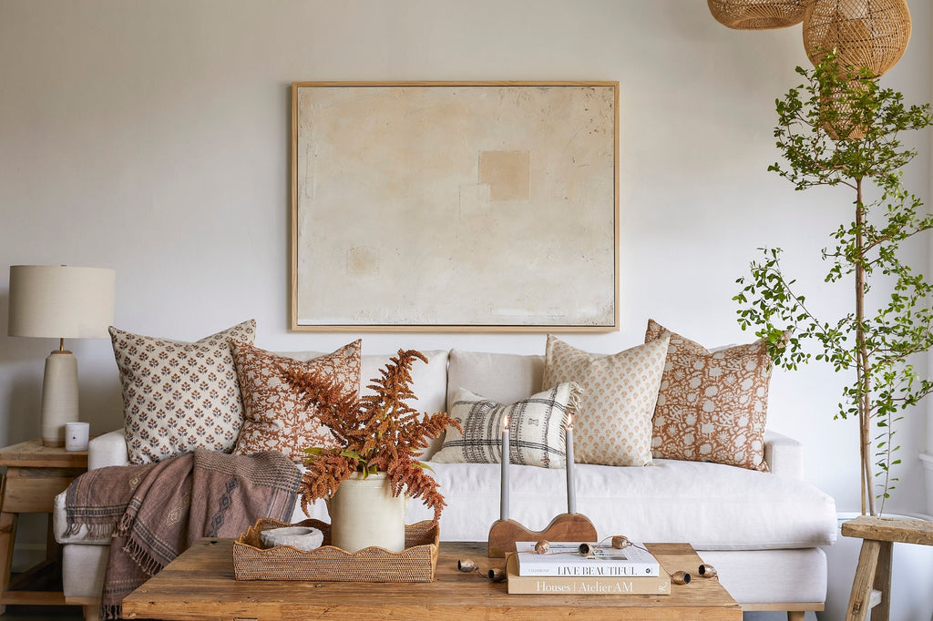 Stylish Indian Blockprint Pillow with neutral hand-block-printed linen design for versatile home decor