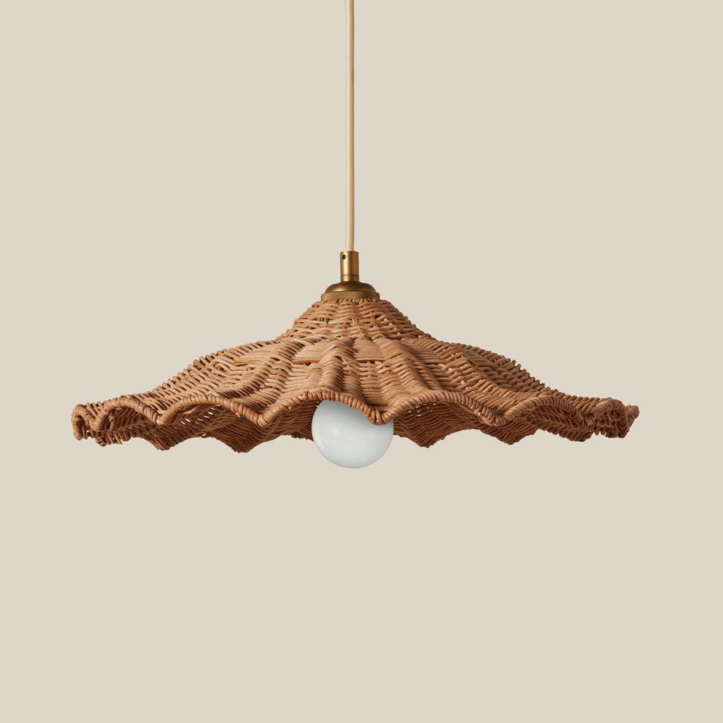 Woven scallopped edge pendant light with a beige background