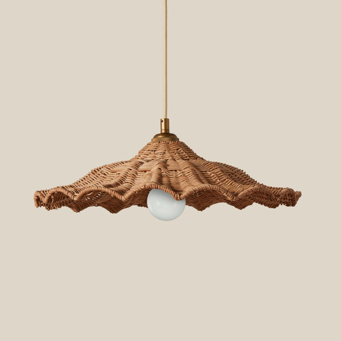 Woven scallopped edge pendant light with a beige background