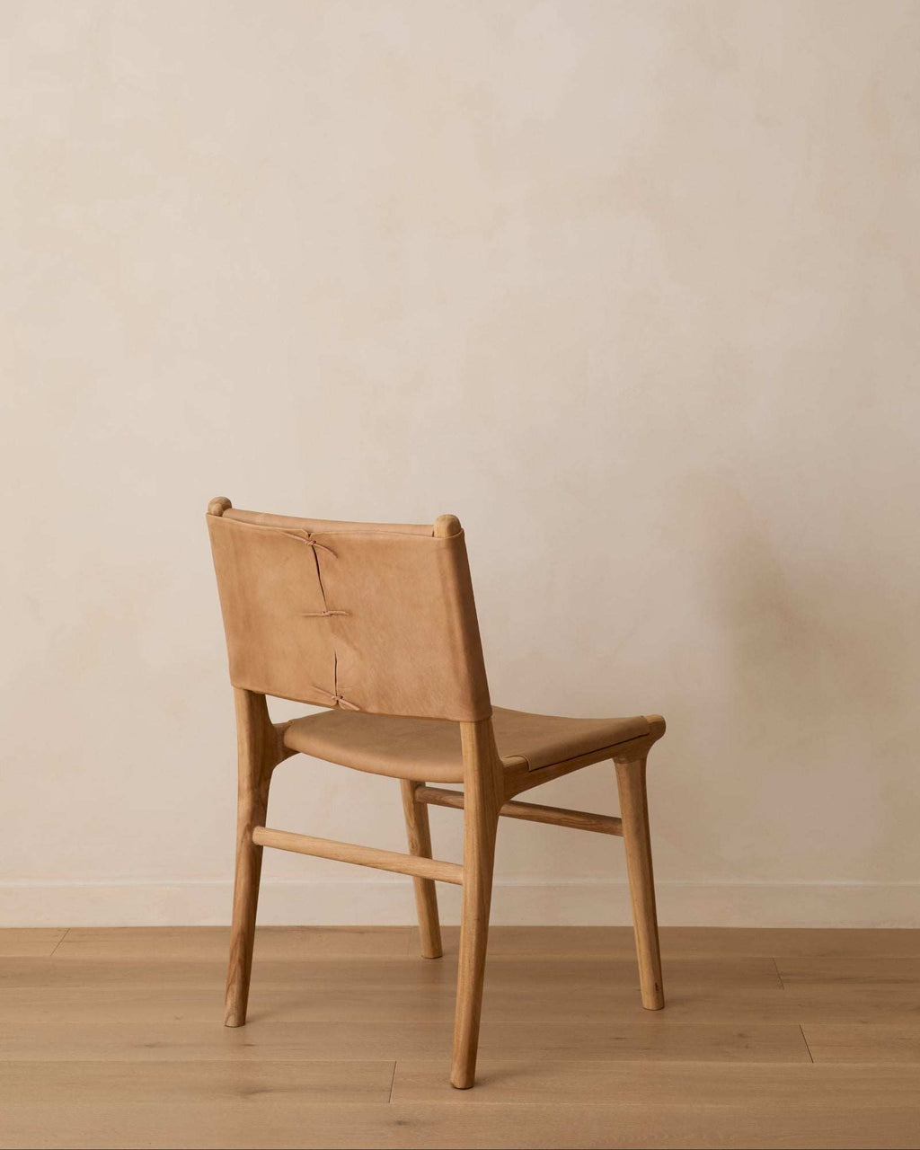 Sofia Dining Chair beige leather with teak wood frame handcrafted in Bali