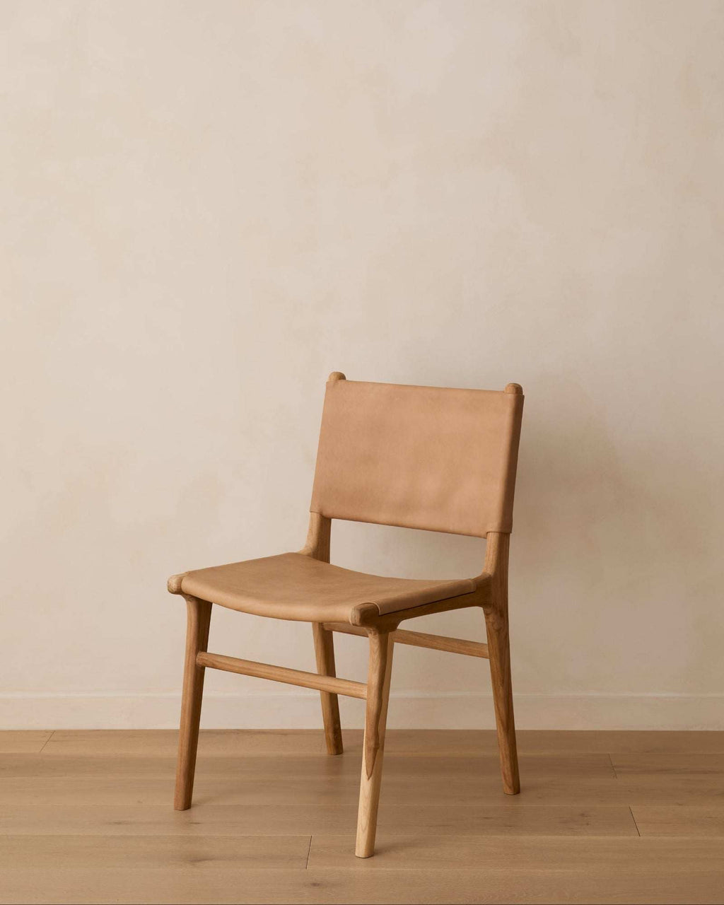 Sofia Dining Chair beige leather with teak wood frame handcrafted in Bali