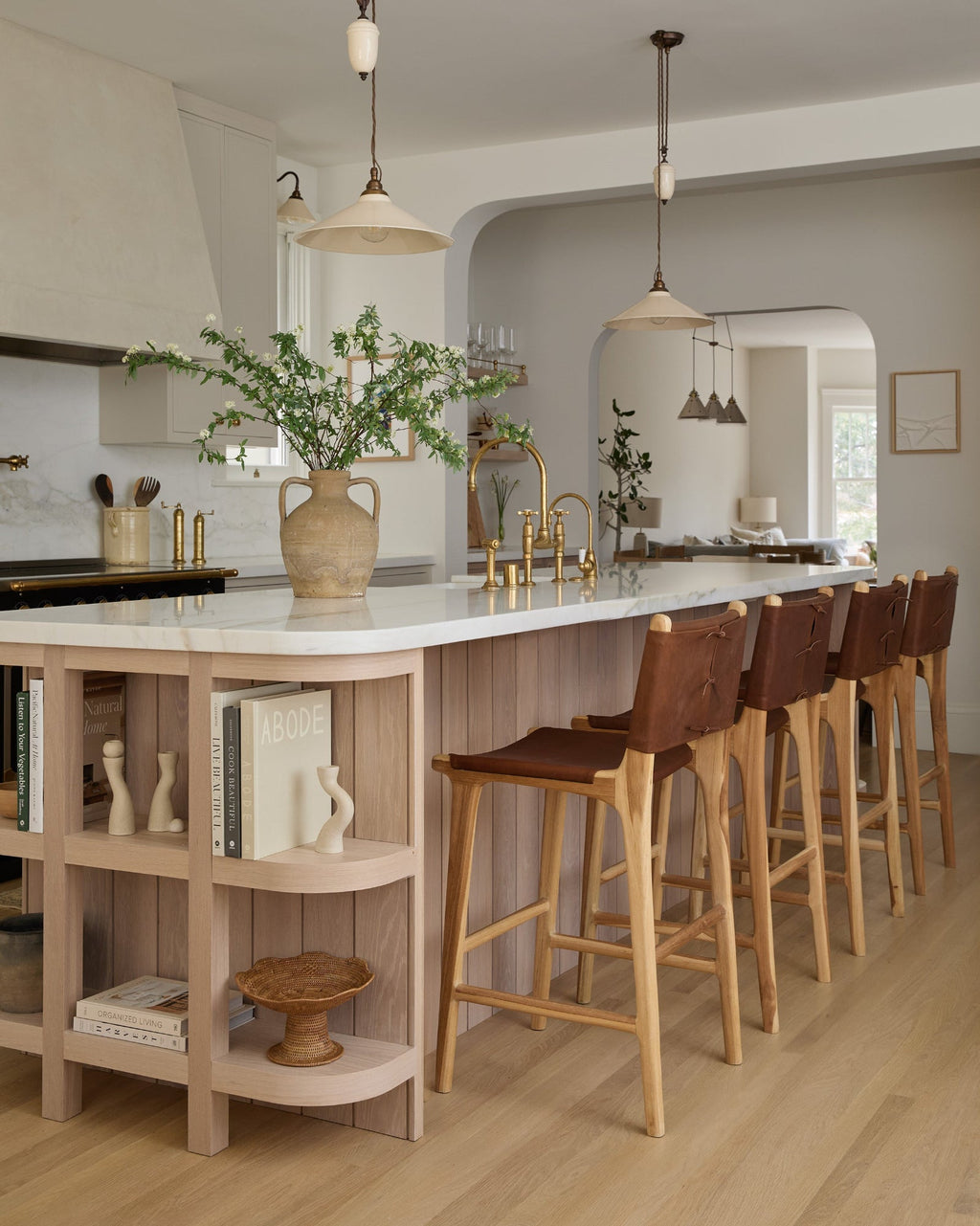 Sofia Counter Stool in saddle leather with Javanese teak wood frame and elegant leather ties, second quality piece