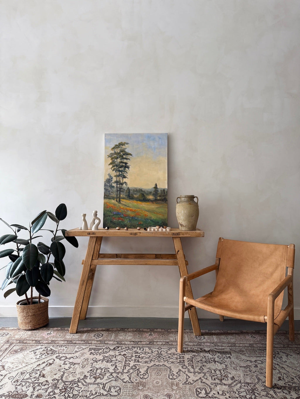 Vibrant oil painting of Northern California spring landscape with fresh greens and blooming colors by Jan Buscho