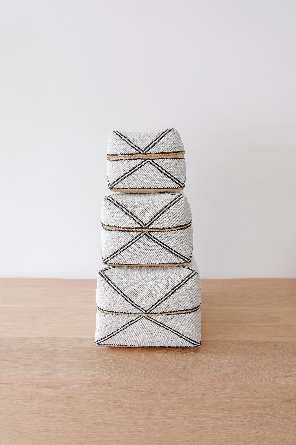 Hand-beaded Bali baskets white black diamond design second quality woven bamboo storage