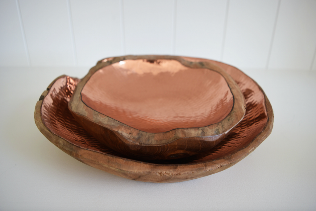 Handcrafted hammered copper and teak root bowl with natural matte finish, second quality with unique imperfections