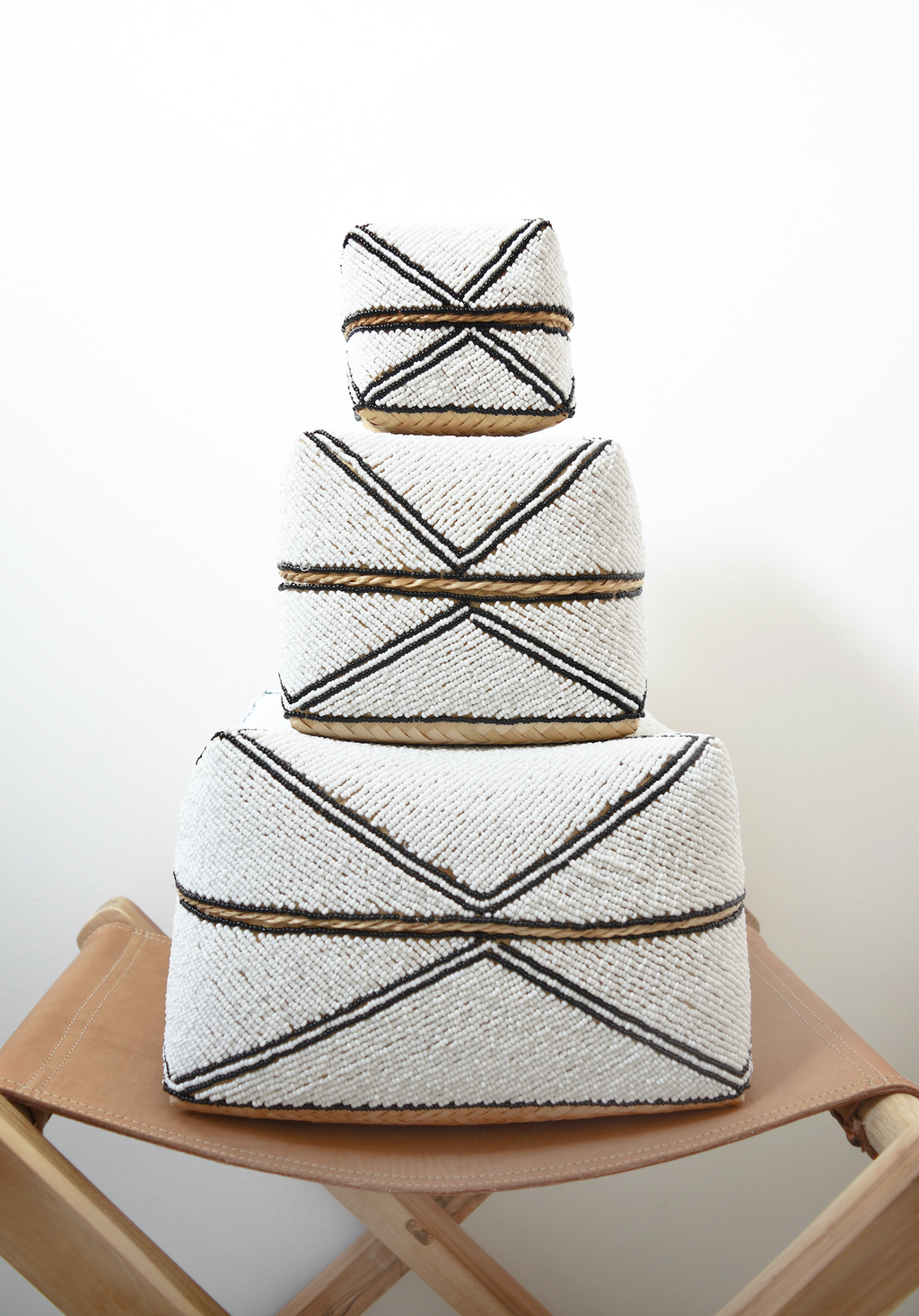 Hand-beaded Bali baskets white with black diamond outline handcrafted woven bamboo second quality sale