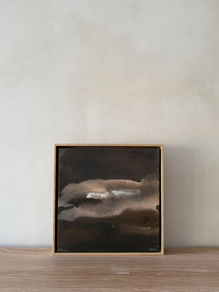 Strata hand-painting by Jaime Lovejoy on oak dining table against lime washed wall. Saffron + Poe