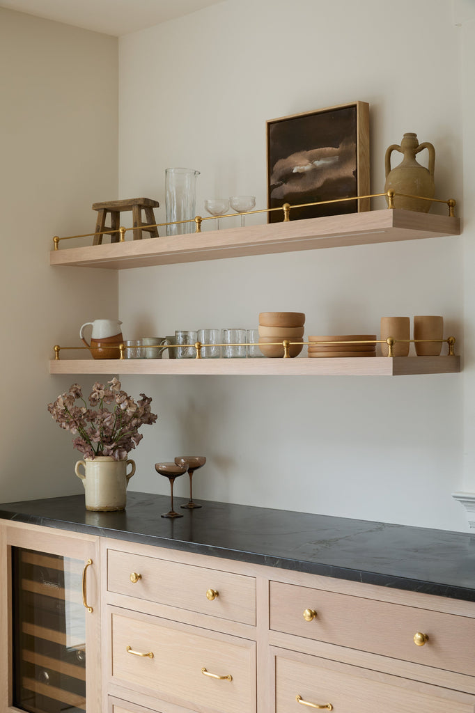 Strata hand-painting by Jaime Lovejoy styled on oak shelves in breakfast bar. Saffron + Poe