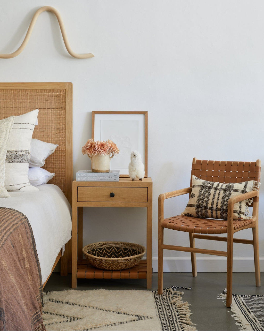 Beige woven leather dining arm chair with teak wood frame, handcrafted and second quality with natural variations