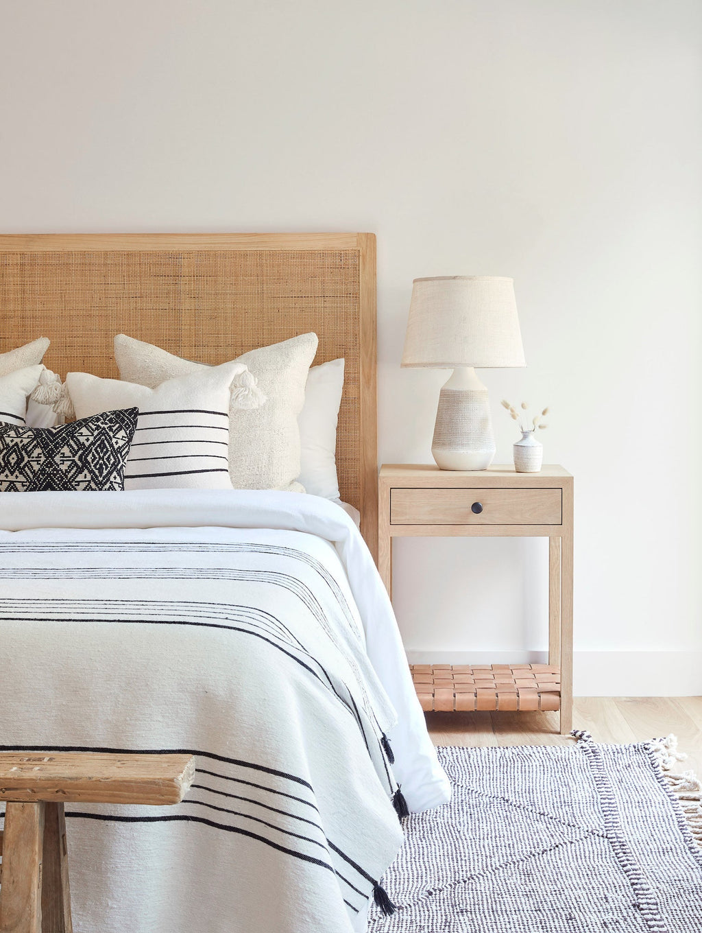 Handcrafted second quality rattan headboard with teak frame in natural matte finish, mid-century style