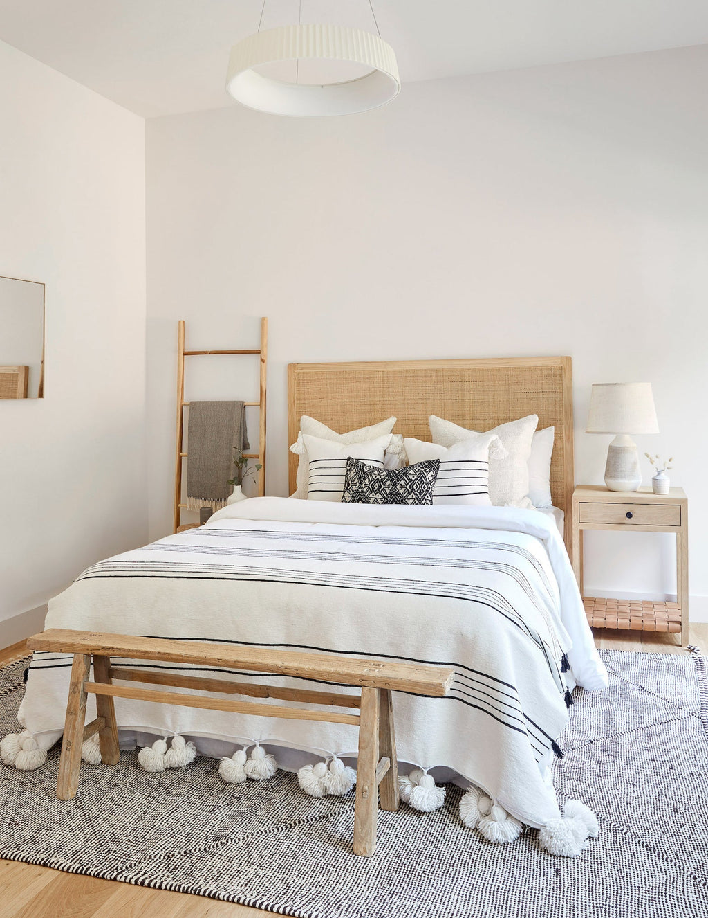 Mid-century style rattan headboard made of teak and woven rattan with natural matte finish