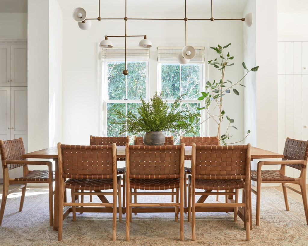 Woven leather dining arm chair with teak wood frame and beige woven leather straps, second quality with natural leather variations