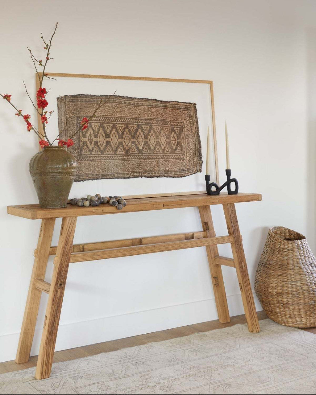 Handcrafted vintage console made from reclaimed elmwood in traditional Chinese style, ideal for entryway or living room.