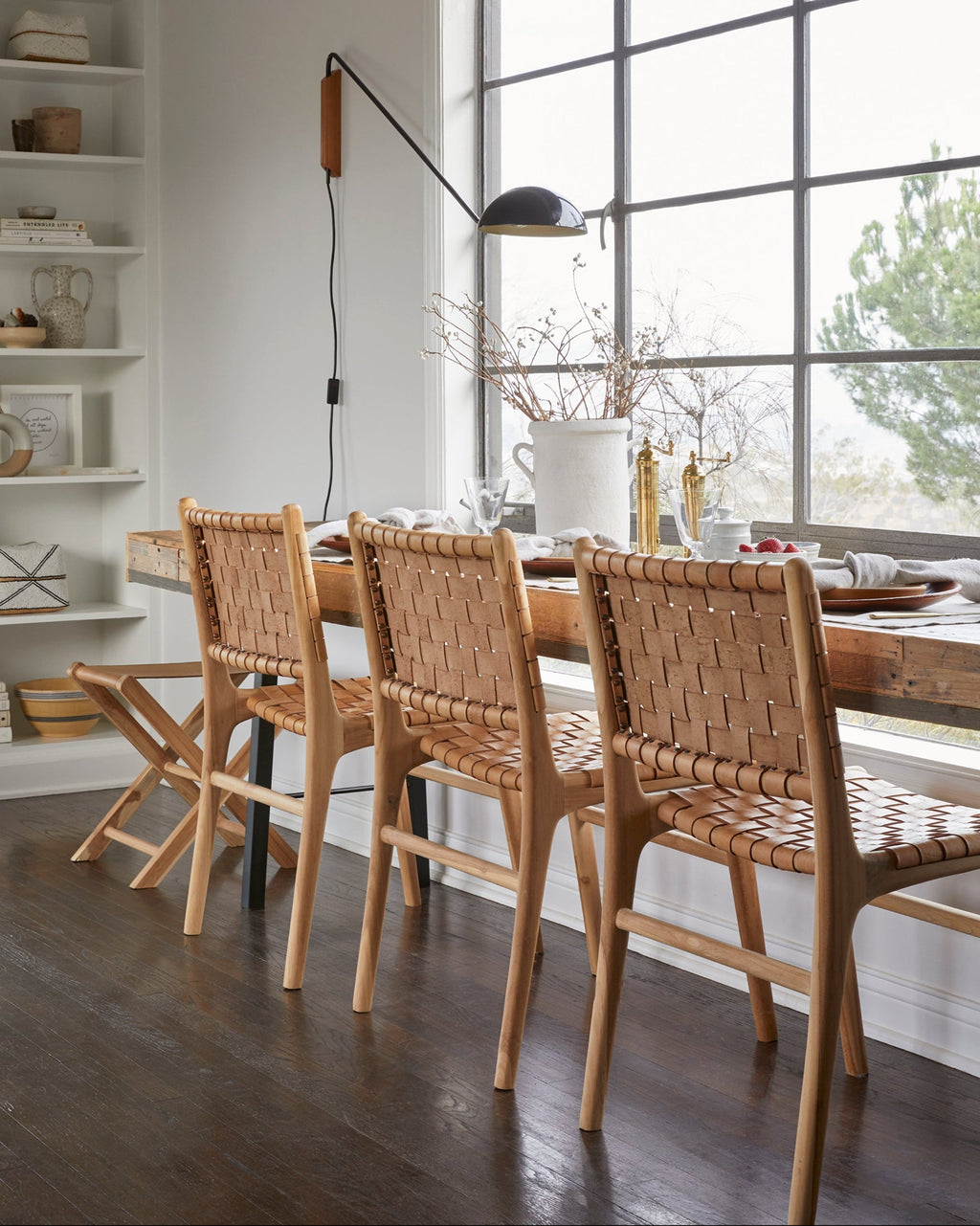 Beige woven leather dining chair with teak wood frame, handcrafted, second quality, modern Scandinavian design