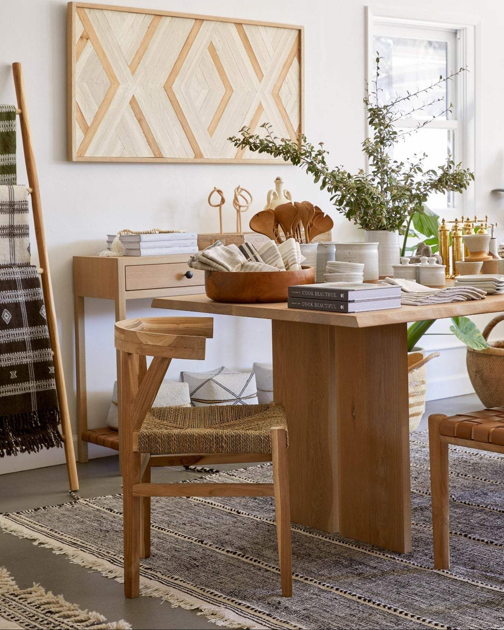 Woven Wishbone Dining Chair with braided rattan seat and curved teak frame, handcrafted in Bali, second quality discount piece