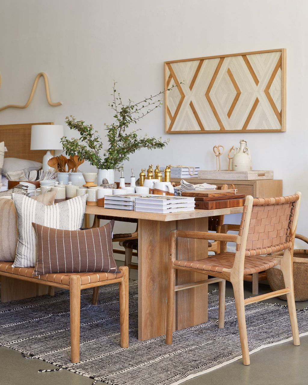 Beige woven leather dining arm chair with sculpted teak wood and woven straps, second quality sale
