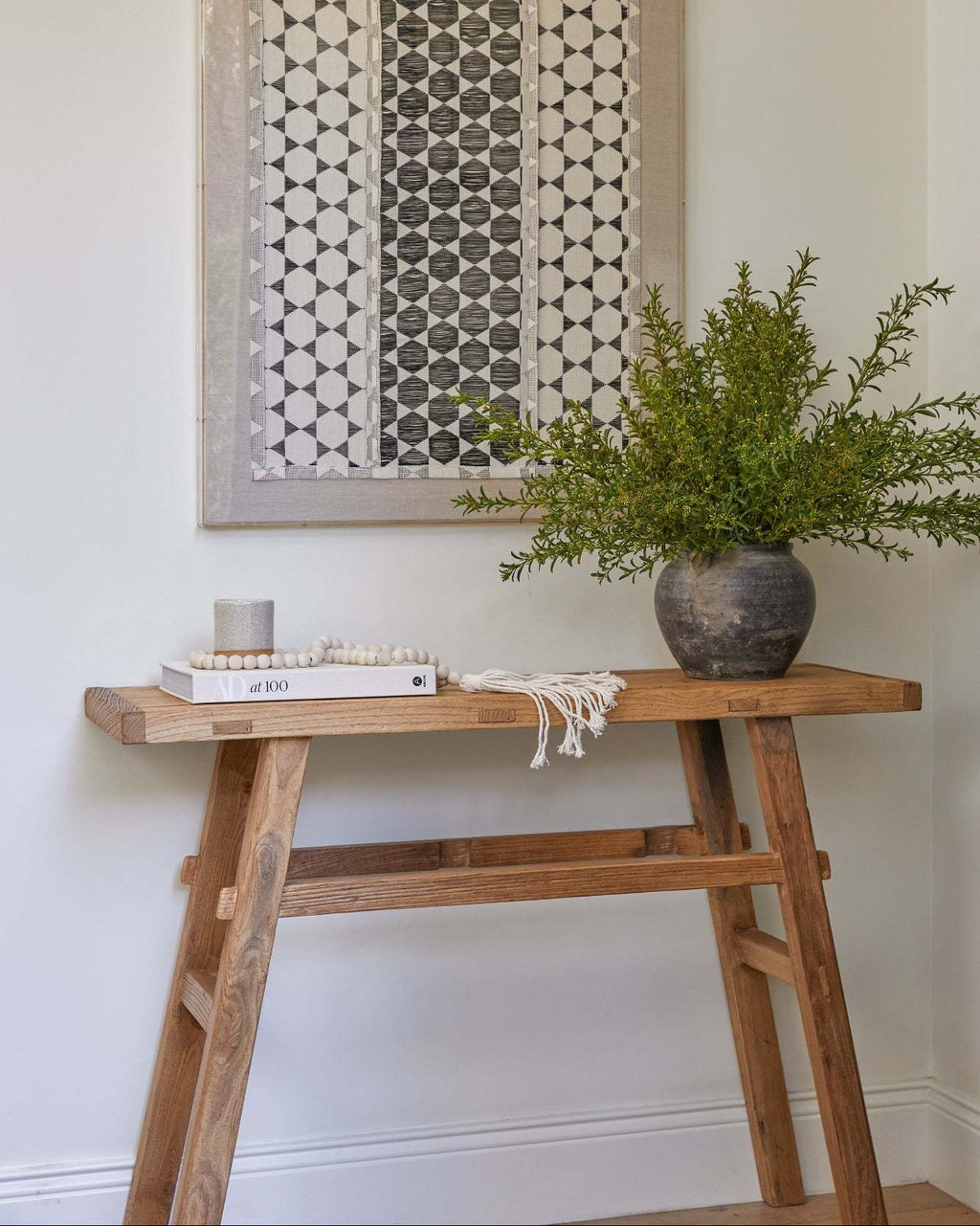Handcrafted vintage console made from reclaimed elmwood in traditional Chinese style, sturdy and spacious for entryway or living room.