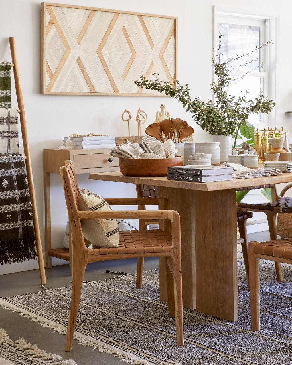 Beige woven leather dining arm chair with teak wood frame, handcrafted in Bali, second quality with natural leather and wood variations