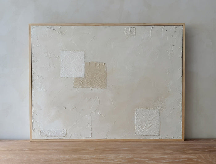 Subdue No.2 Artwork product shot on oak dining table against a lime washed wall