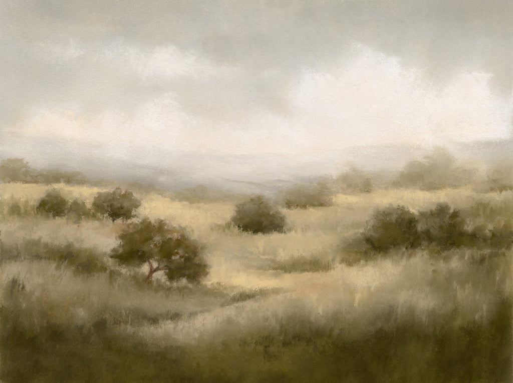 Pastel painting of sunlit golden hills in a valley by Lina Gordievsky