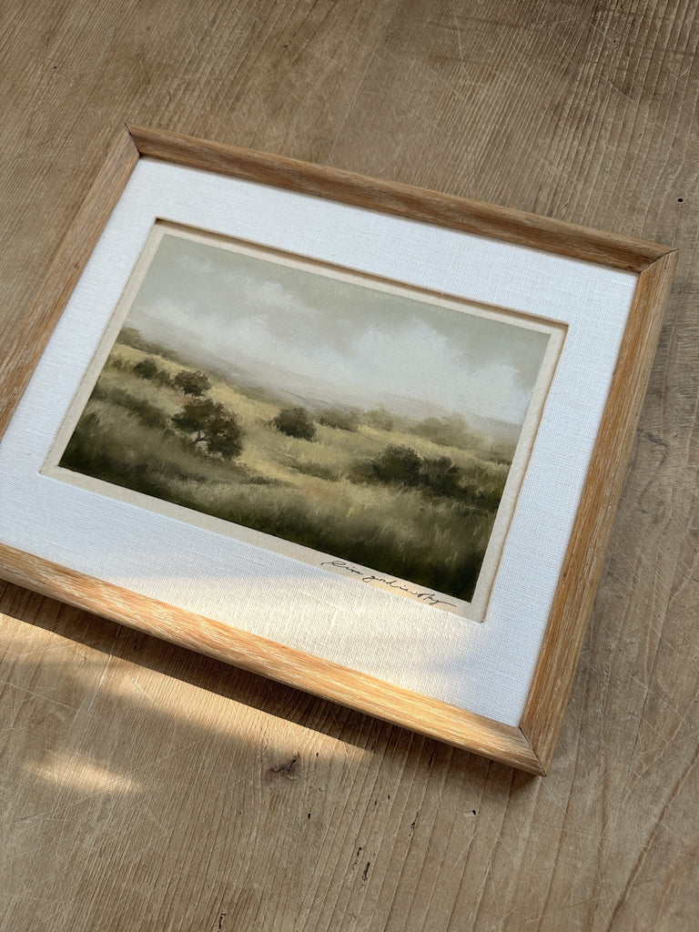 Pastel/Painting in antique frame with linen mat of rolling California golden hills shot at an angle. - Saffron and Poe, Lina Gordievsky