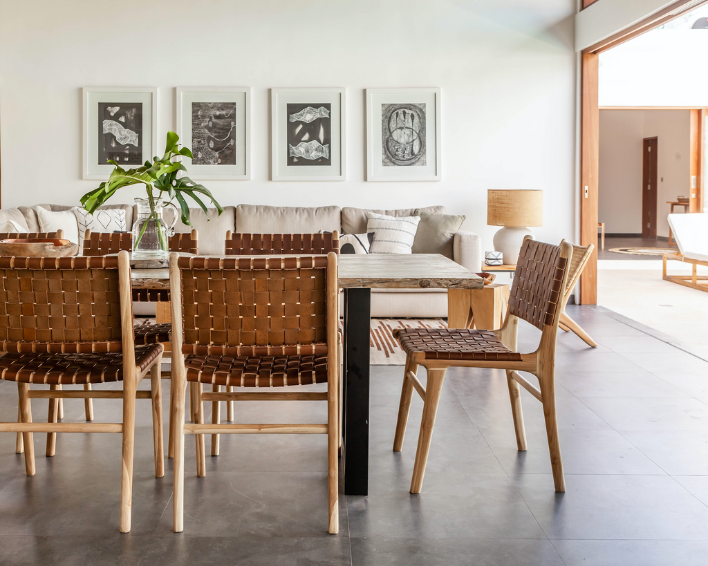 Woven leather dining chair with teak wood frame in saddle color, second quality with natural leather variations