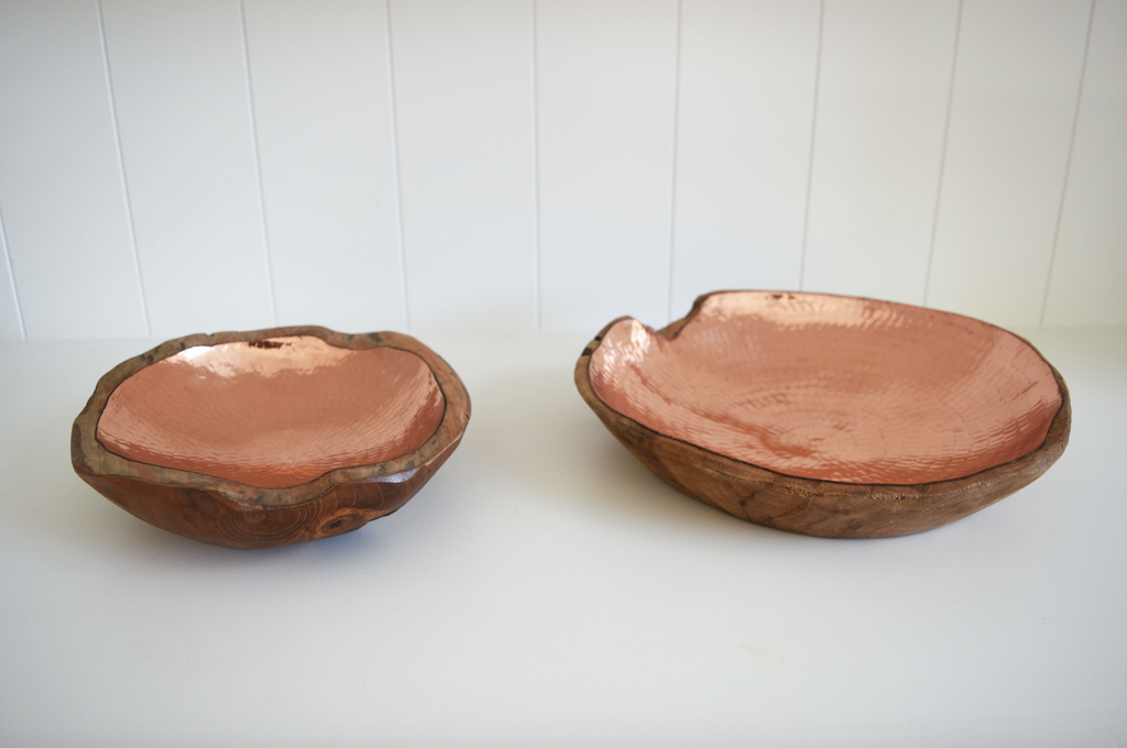 Handcrafted hammered copper and teak bowl with natural matte finish, second quality with unique imperfections