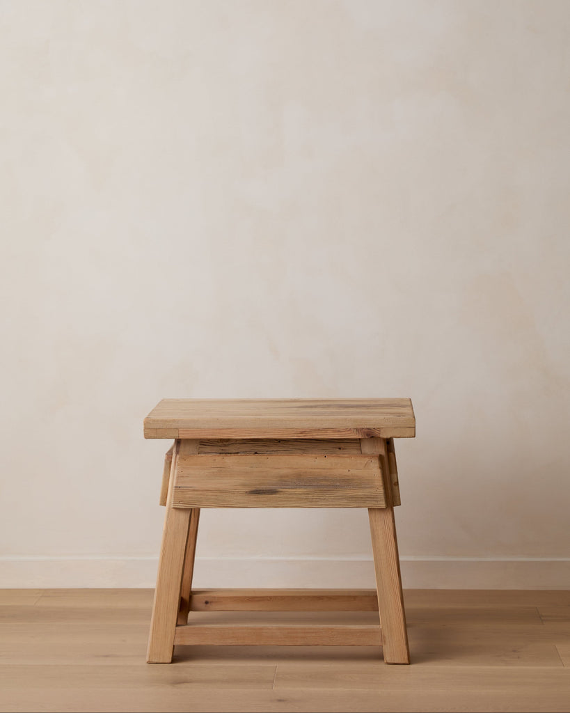 Vintage cedar end table with reclaimed wood and traditional Chinese design