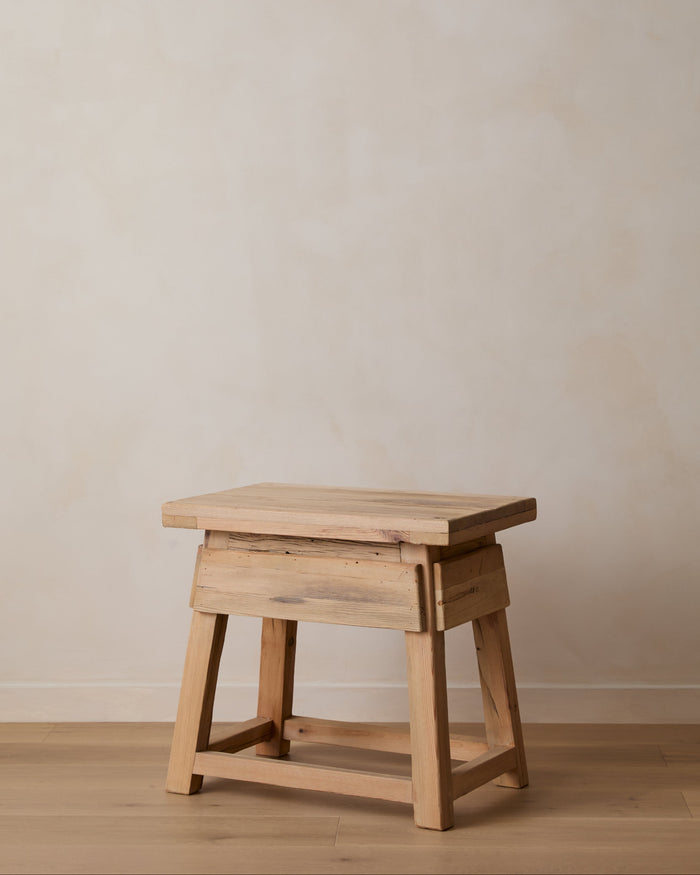 Vintage cedar end table with rustic reclaimed wood and traditional Chinese design