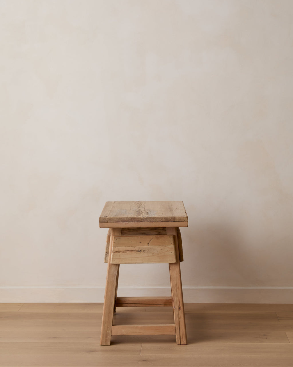 Vintage cedar end table with rustic patina and antique Chinese design