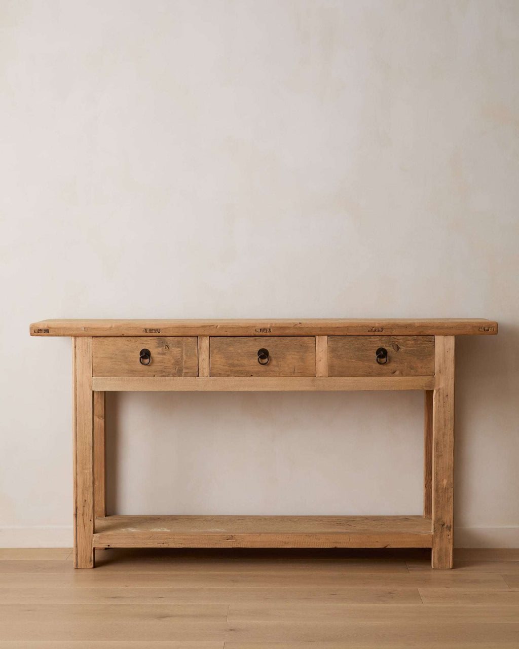 Vintage Cypress Storage Console with three black metal pull drawers made from reclaimed wood