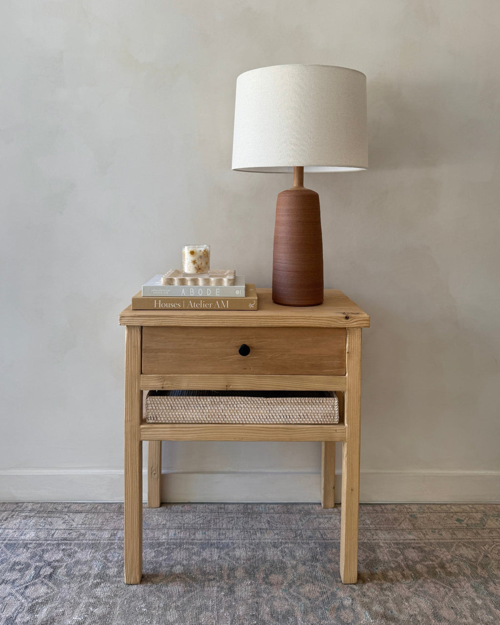Vintage cypress bedside table with hand-hammered bronze knob and open lower shelf made from reclaimed wood