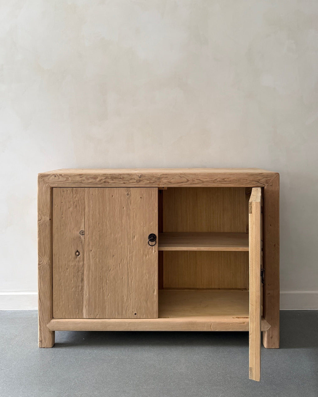 Vintage cypress cabinet handmade from reclaimed wood with natural finish and minimalist design