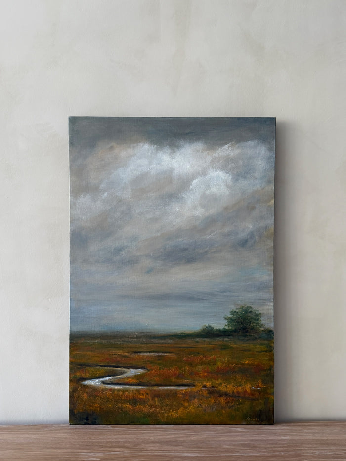 Oil landscape painting of marsh with moody warm sky. - Saffron and Poe