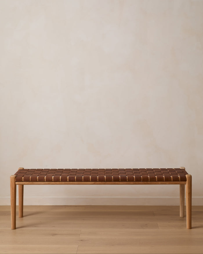 Handwoven saddle leather bench with Javanese teak wood, rustic natural finish, second quality for versatile seating