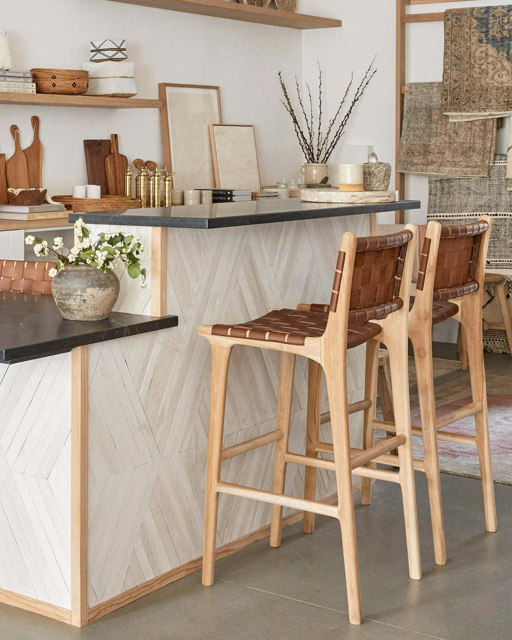 Woven leather bar stool in saddle color with teak frame handcrafted in Bali