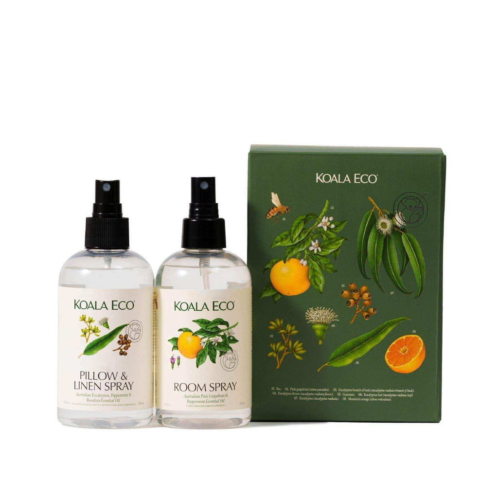 Aromatherapy Duo gift set with two clear botanical spray bottles and a dark green illustrated box