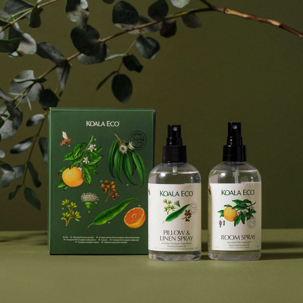 Aromatherapy Duo with green botanical gift box and two clear Koala Eco spray bottles featuring illustrated plant labels
