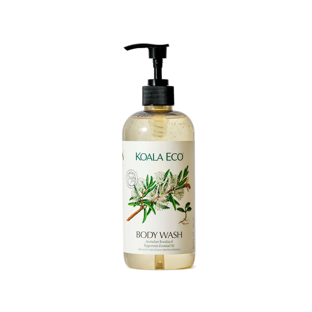 Body Wash - Rosalina & Peppermint in a clear pump bottle with pale golden liquid and a botanical label