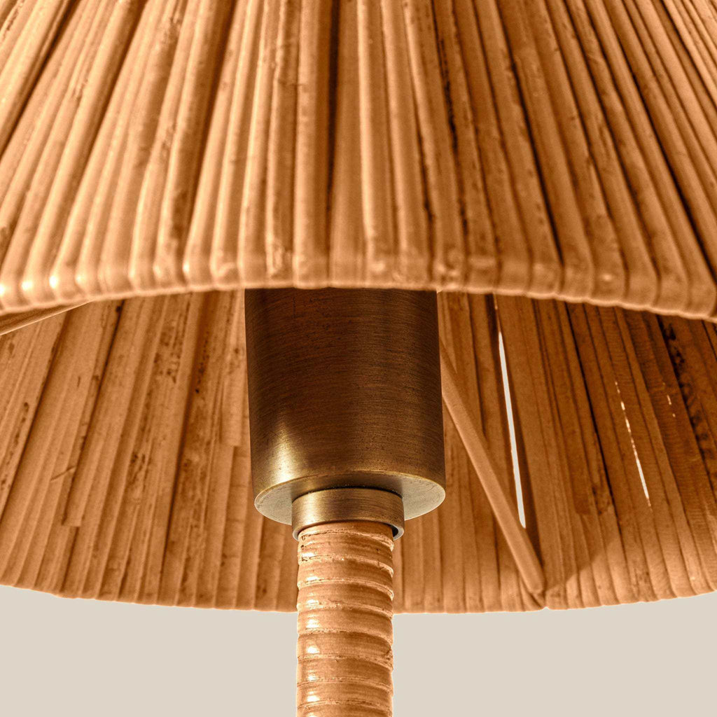 Delphine Double Sconce with natural rattan-wrapped shade and stem, accented by a warm brass central fitting.