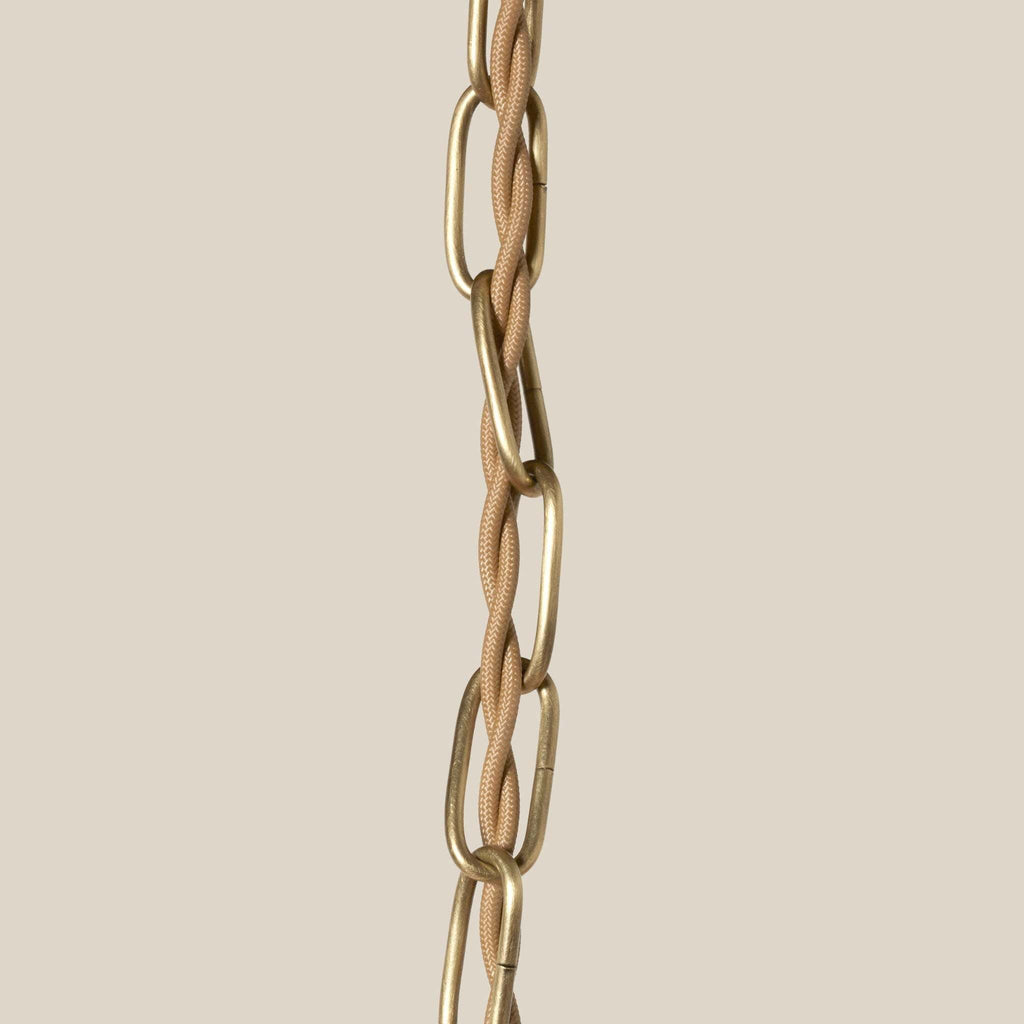 Delphine Large Chandelier with a gold-toned metal chain intertwined with a textured tan wrapped cord