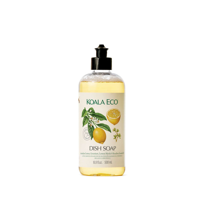 Dish Soap - Lemon, Geranium in a clear bottle with yellow liquid, black pump, and botanical lemon and leaf label