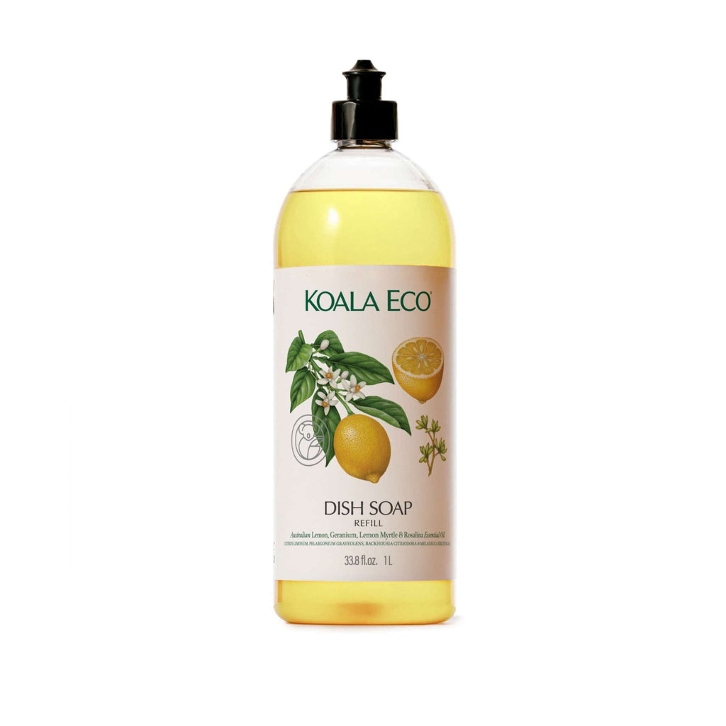 Dish Soap - Lemon, Geranium refill in a clear bottle of yellow liquid, with a black cap and lemon botanical label