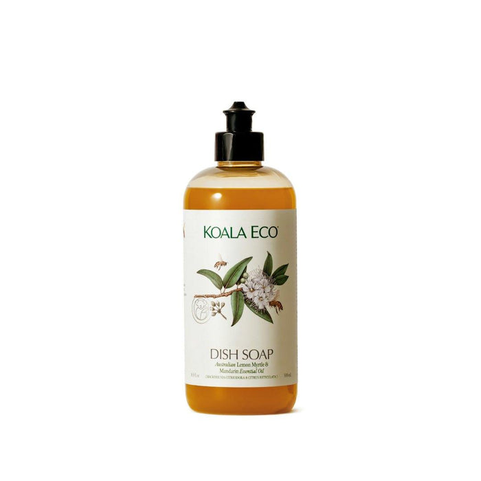 Dish Soap - Lemon Myrtle in an amber bottle with a black pump, cream botanical label, and lemon myrtle and mandarin wording