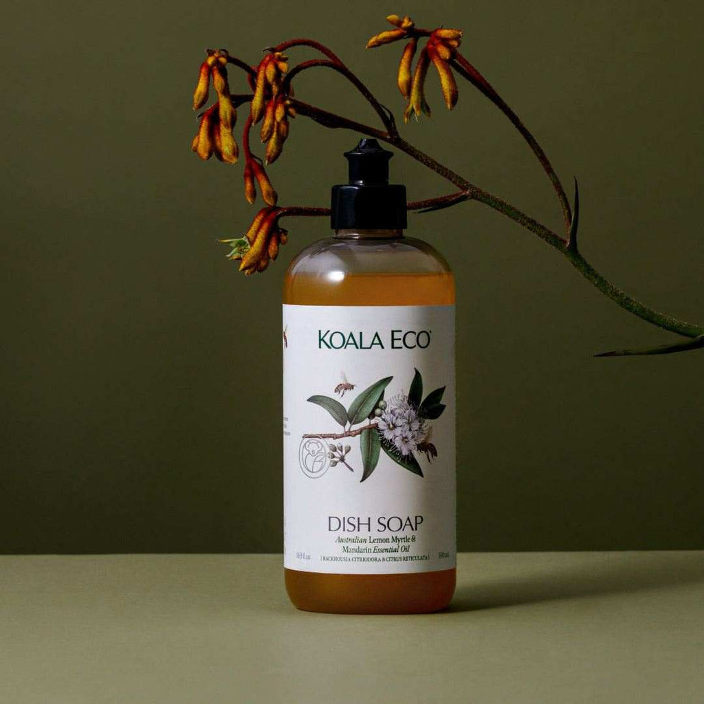 Dish Soap - Lemon Myrtle in an amber bottle with a black pump, white botanical label and green lettering