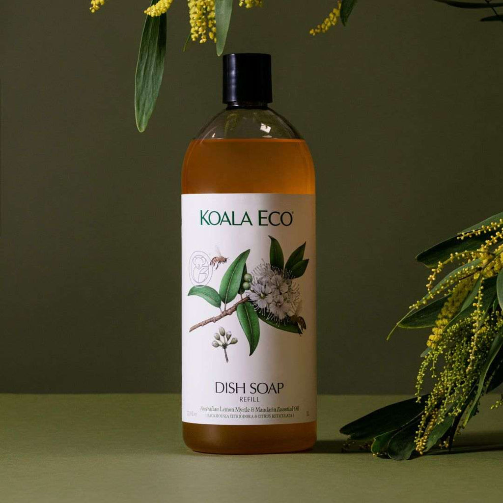 Dish Soap - Lemon Myrtle in an amber refill bottle with a black cap and white botanical label.