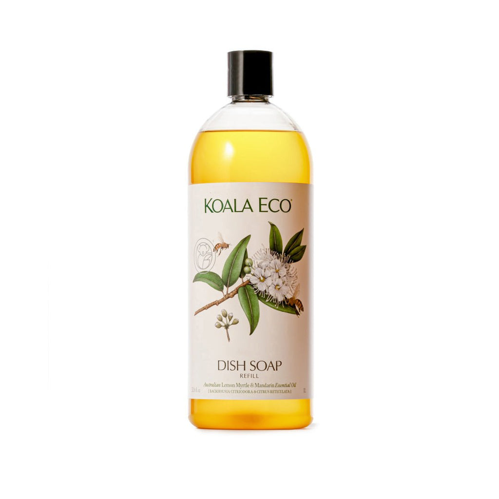 Dish Soap - Lemon Myrtle in a clear bottle of golden yellow liquid, with a black cap and botanical label