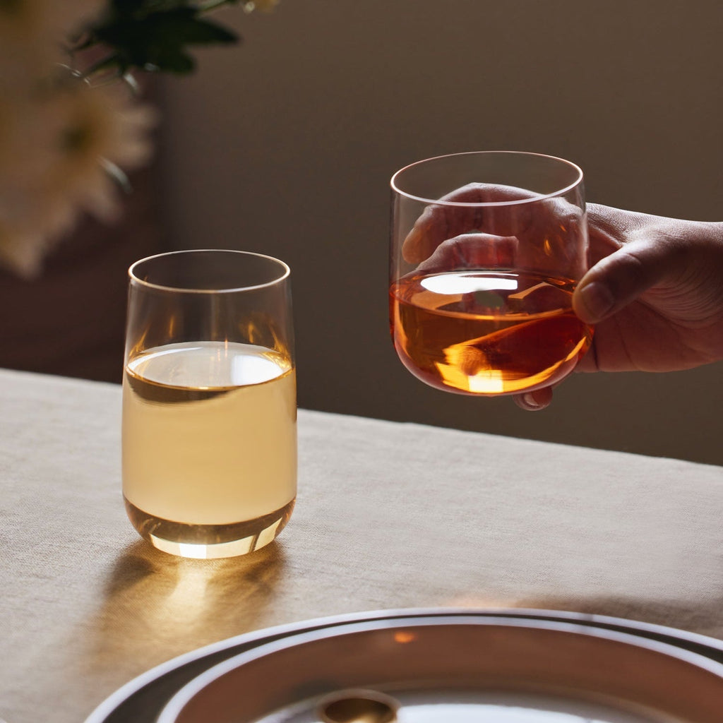 Set of 4 Short Cremini Tumblers made of durable borosilicate glass for iced coffee and everyday use