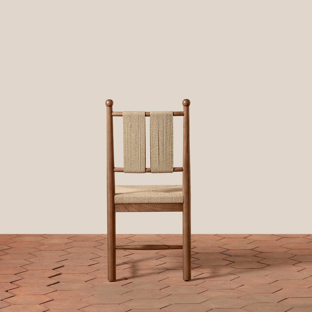 Estela Dining Chair in warm brown solid wood with woven beige cord back and rush-pattern seat