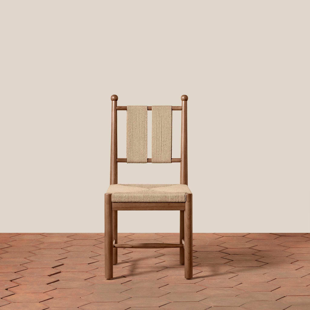 Estela Dining Chair in warm brown wood with a natural woven seat and vertical woven backrest